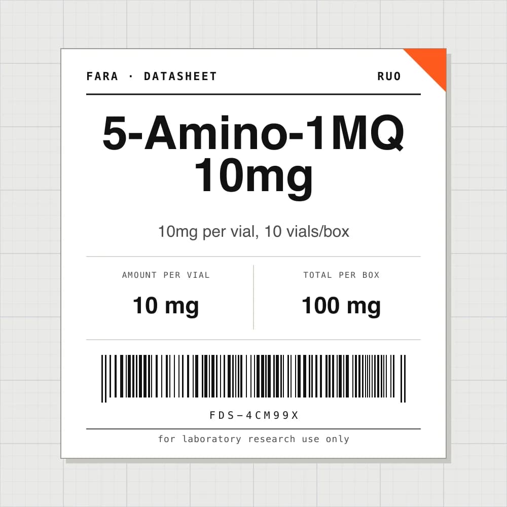 Datasheet card for 5-Amino-1MQ 10mg: 10 mg per vial, 10 vials per box
