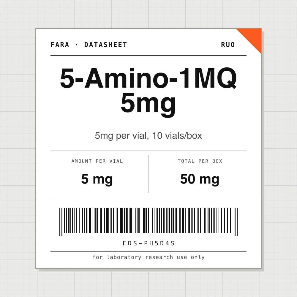Datasheet card for 5-Amino-1MQ 5mg: 5 mg per vial, 10 vials per box