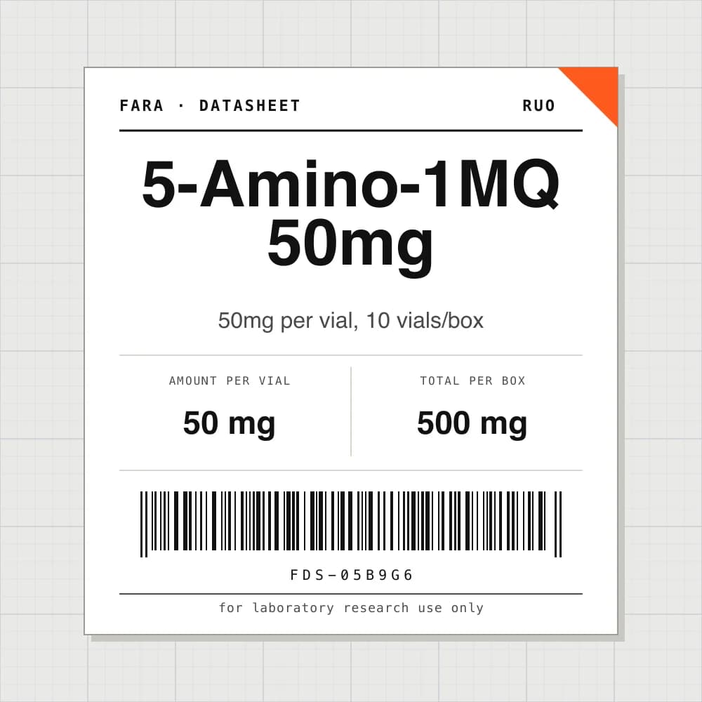 Datasheet card for 5-Amino-1MQ 50mg: 50 mg per vial, 10 vials per box