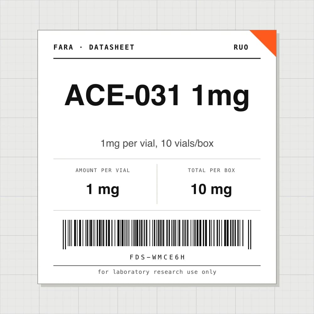 Datasheet card for ACE-031 1mg: 1 mg per vial, 10 vials per box