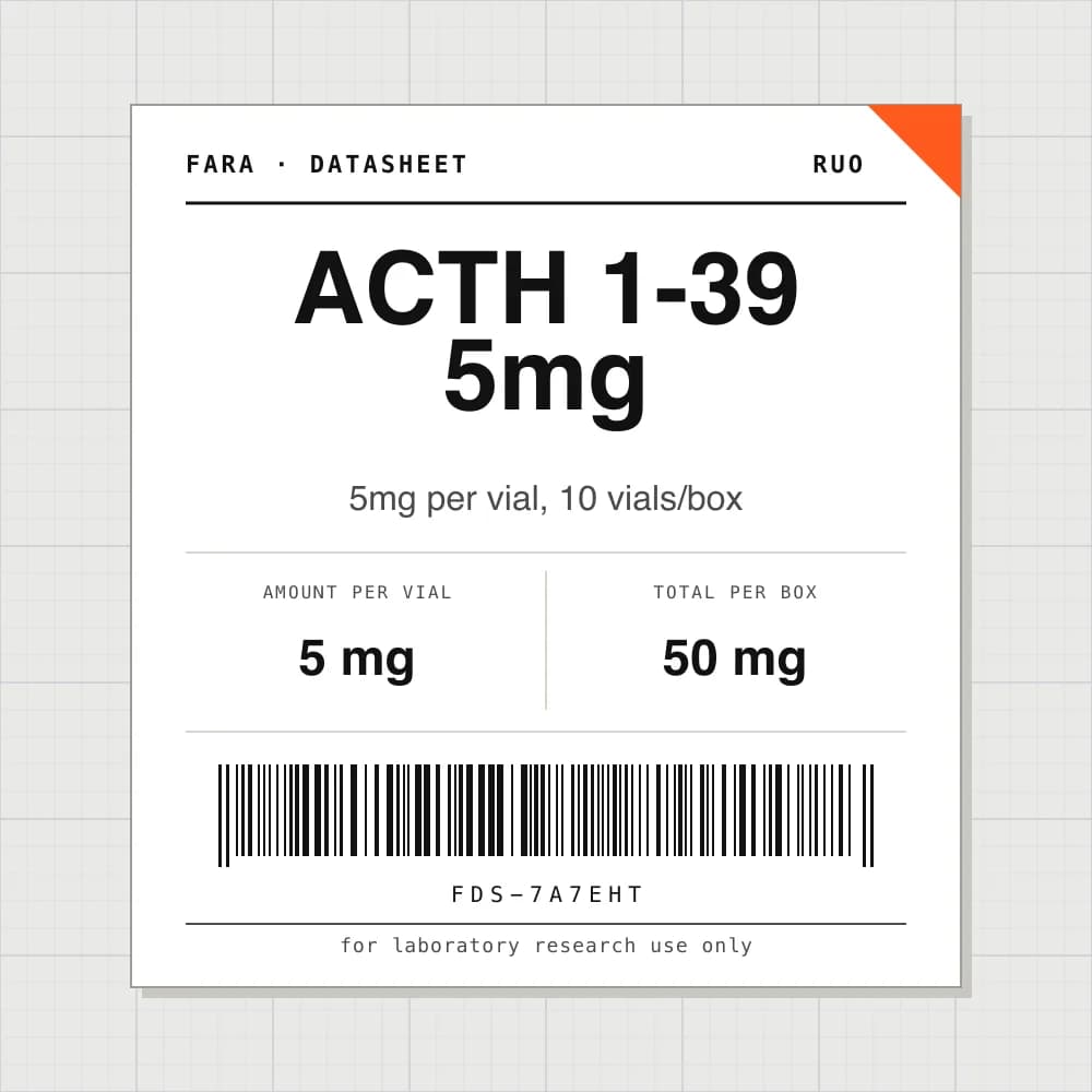 Datasheet card for ACTH 1-39 5mg: 5 mg per vial, 10 vials per box