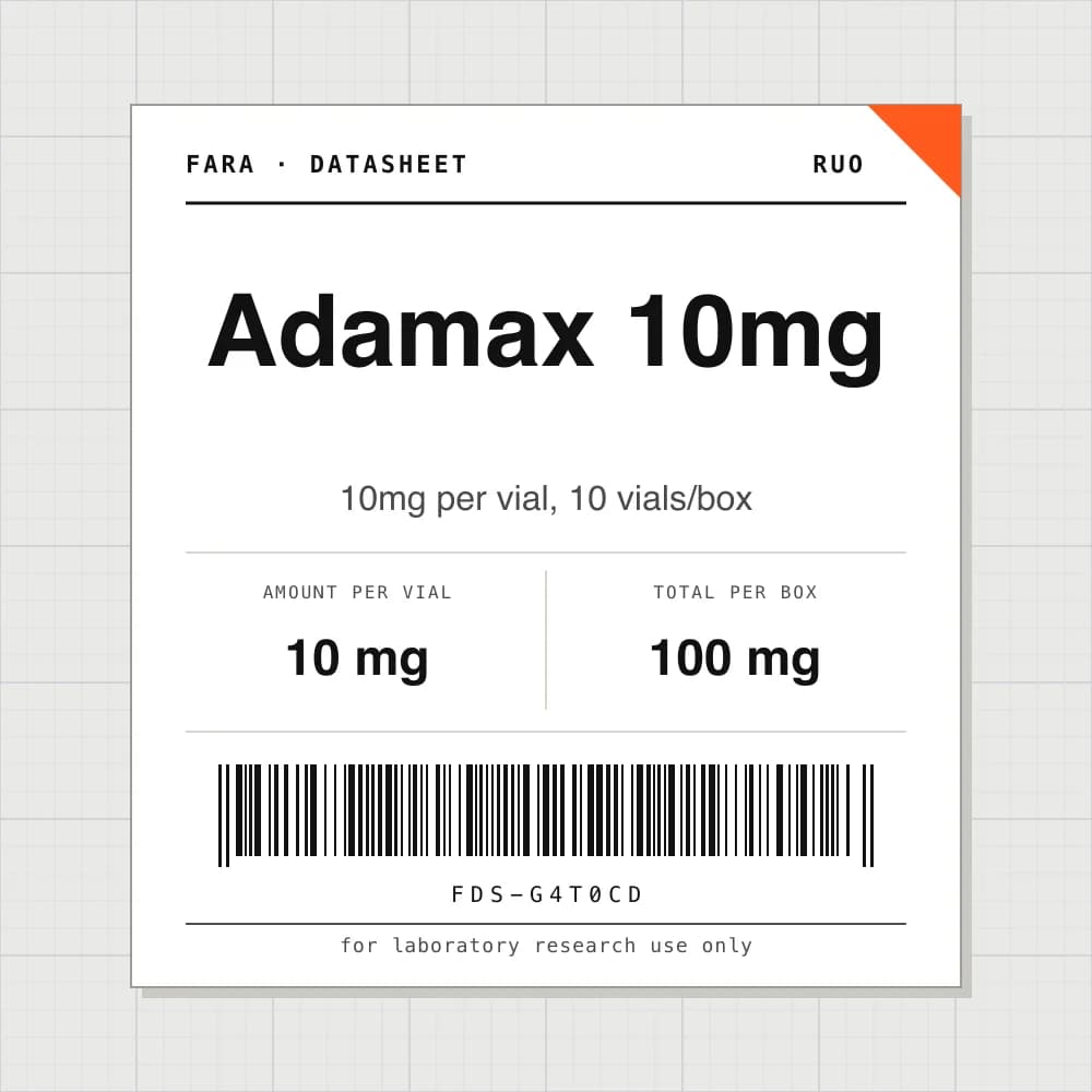 Datasheet card for Adamax 10mg: 10 mg per vial, 10 vials per box