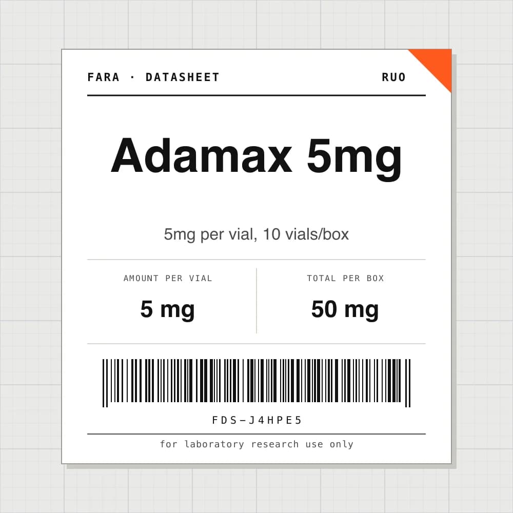 Datasheet card for Adamax 5mg: 5 mg per vial, 10 vials per box