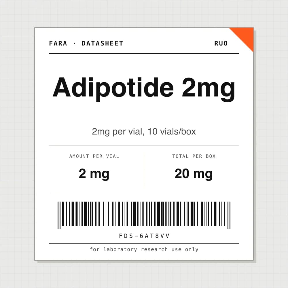 Datasheet card for Adipotide 2mg: 2 mg per vial, 10 vials per box