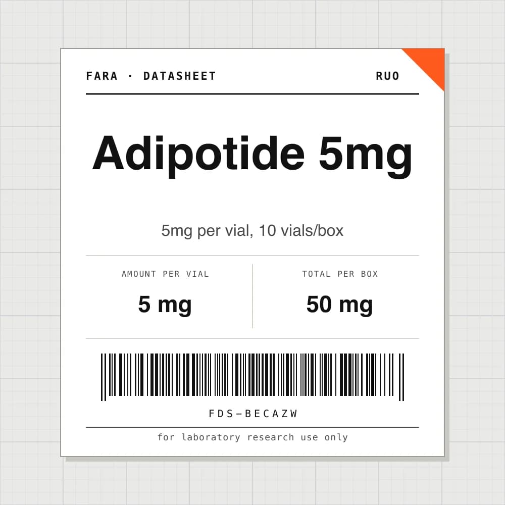 Datasheet card for Adipotide 5mg: 5 mg per vial, 10 vials per box