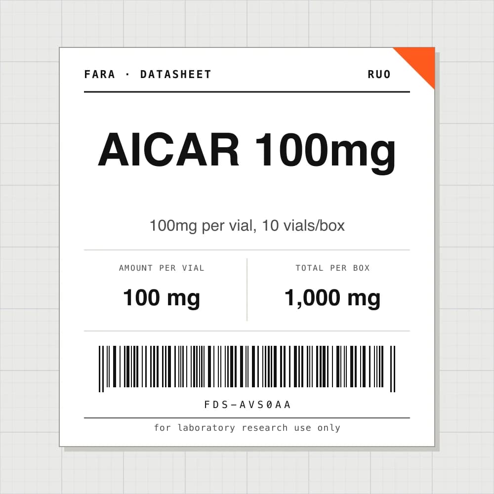 Datasheet card for AICAR 100mg: 100 mg per vial, 10 vials per box