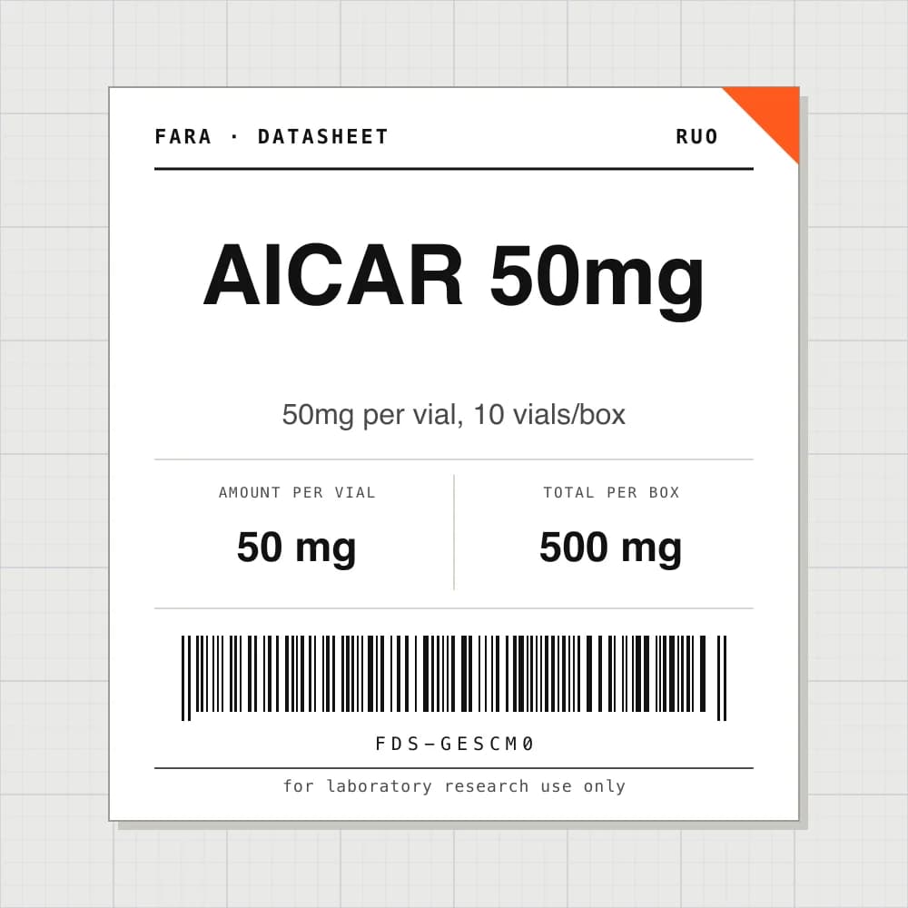 Datasheet card for AICAR 50mg: 50 mg per vial, 10 vials per box