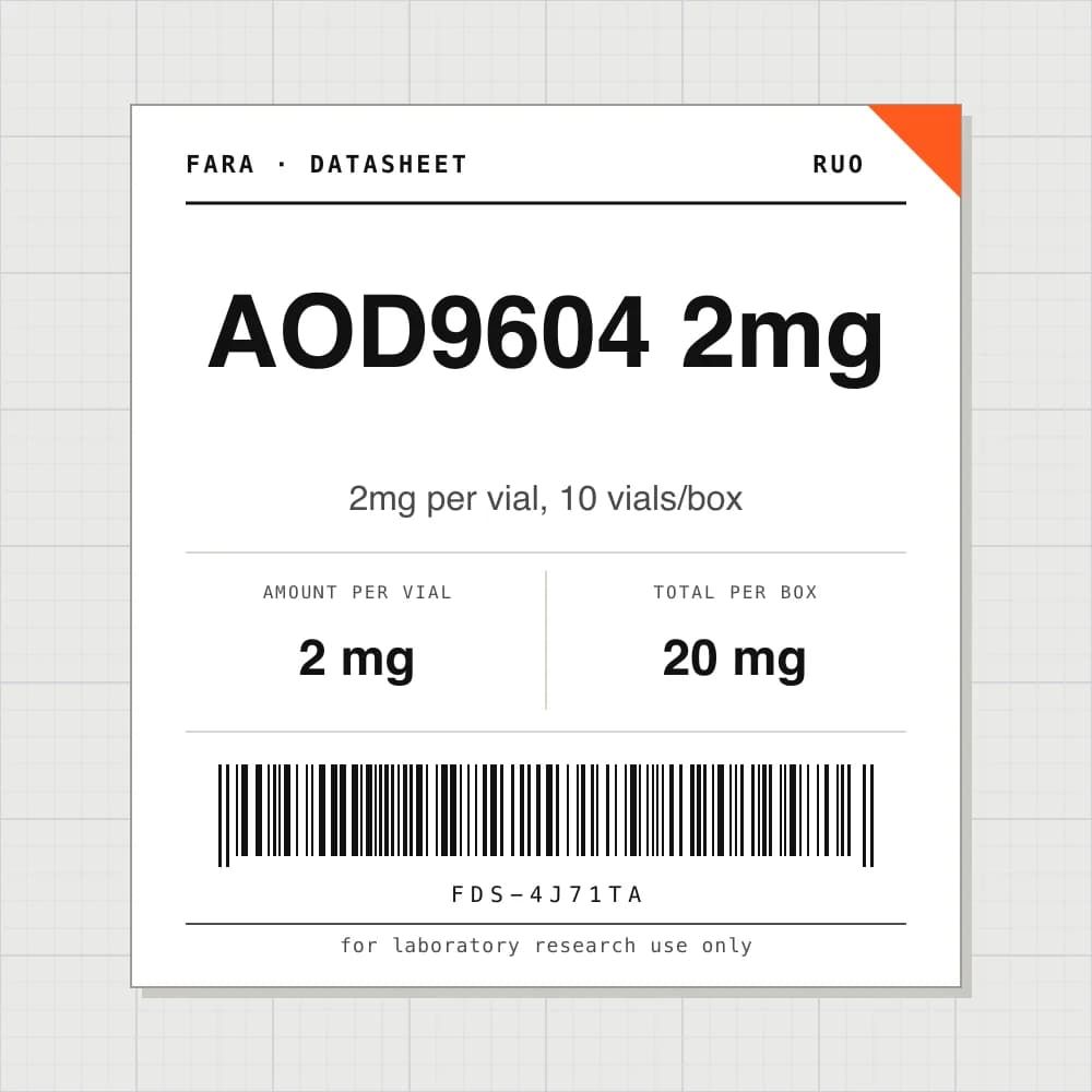 Datasheet card for AOD9604 2mg: 2 mg per vial, 10 vials per box