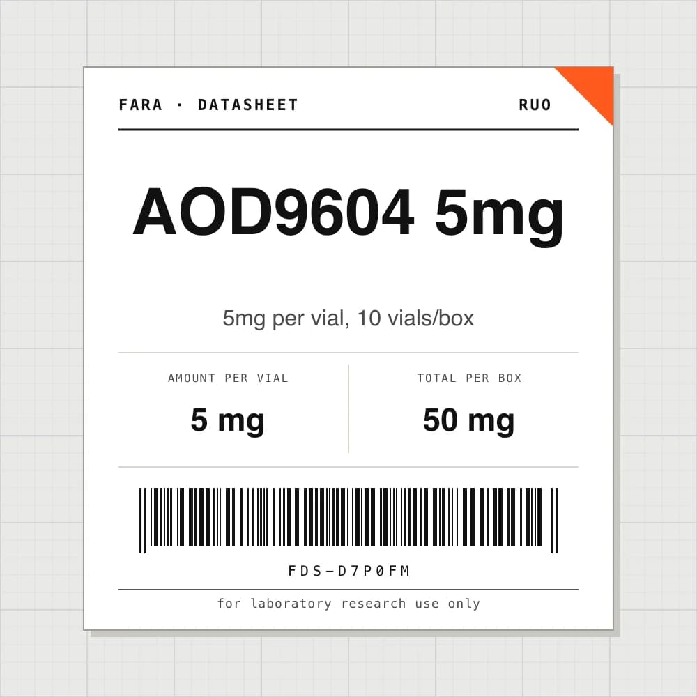 Datasheet card for AOD9604 5mg: 5 mg per vial, 10 vials per box