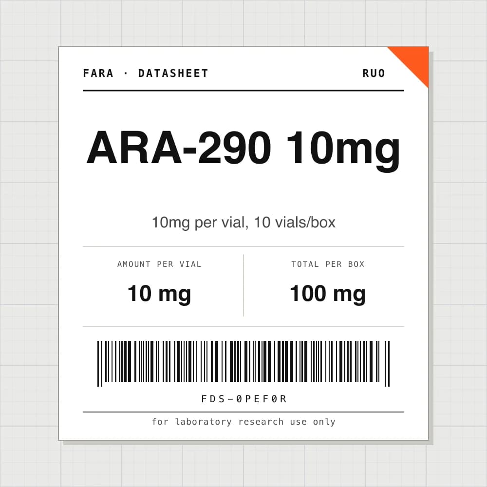 Datasheet card for ARA-290 10mg: 10 mg per vial, 10 vials per box