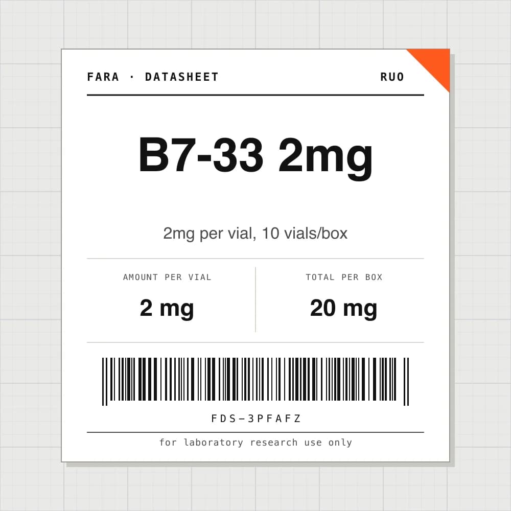 Datasheet card for B7-33 2mg: 2 mg per vial, 10 vials per box