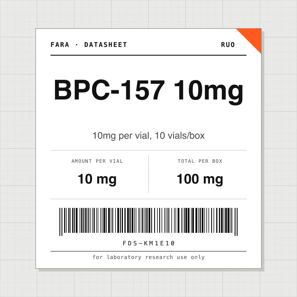 Datasheet card for BPC-157 10mg: 10 mg per vial, 10 vials per box
