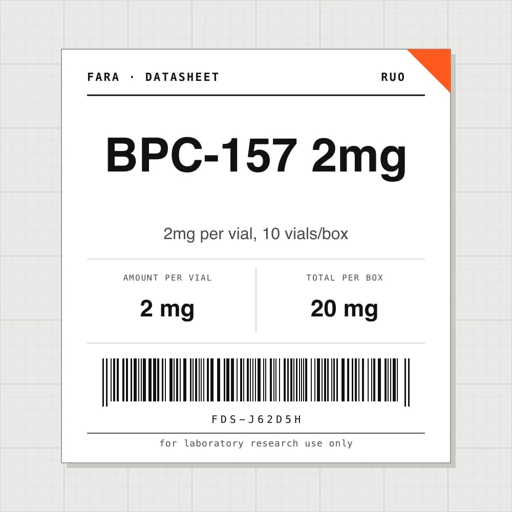 Datasheet card for BPC-157 2mg: 2 mg per vial, 10 vials per box