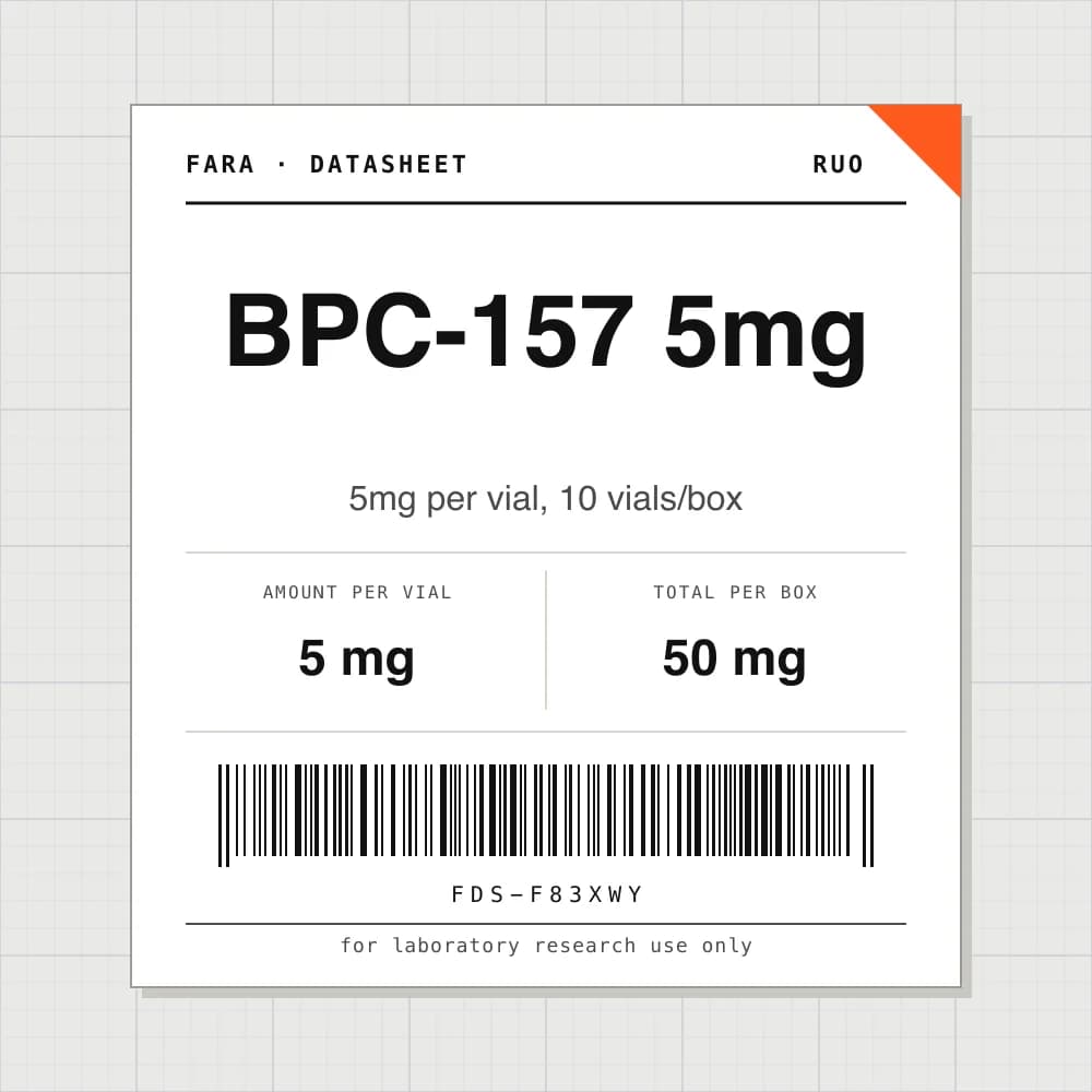 Datasheet card for BPC-157 5mg: 5 mg per vial, 10 vials per box