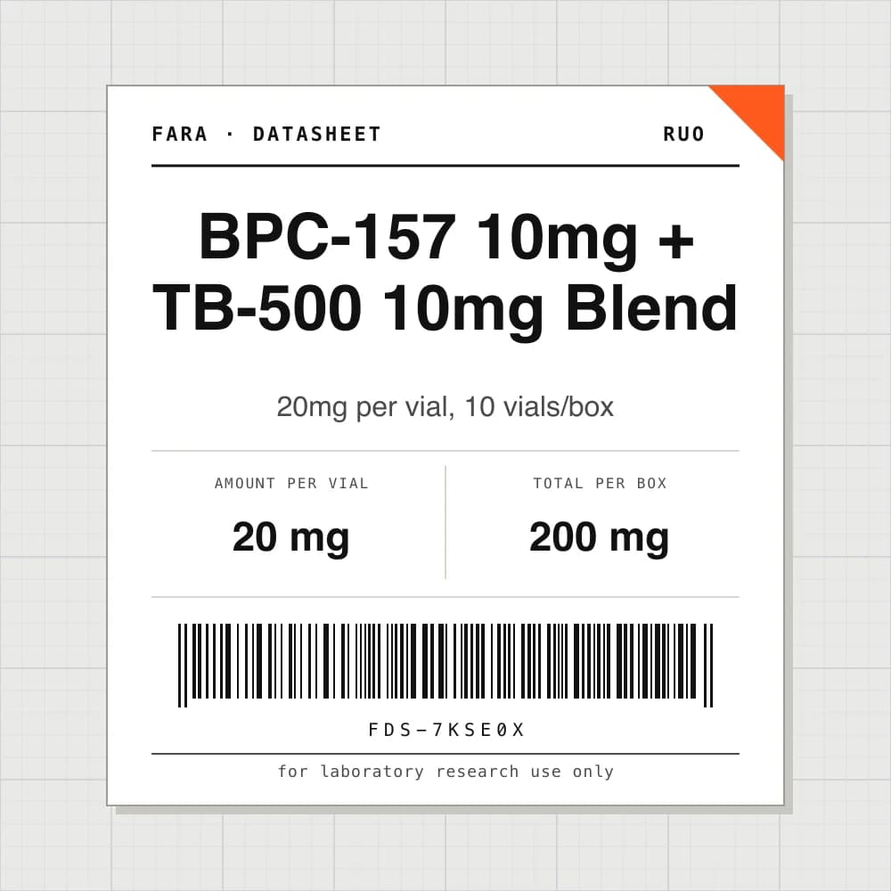 Datasheet card for BPC-157 10mg + TB-500 10mg Blend: 20 mg per vial, 10 vials per box