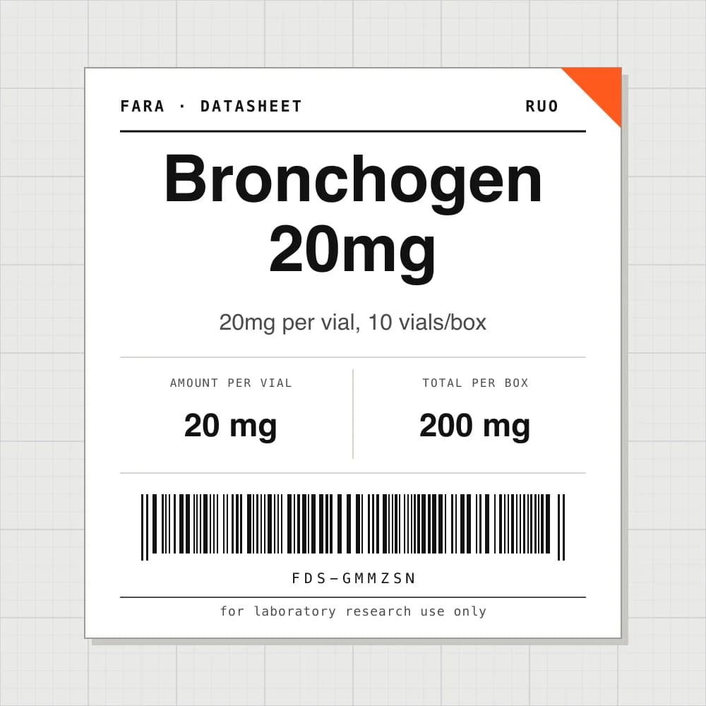 Datasheet card for Bronchogen 20mg: 20 mg per vial, 10 vials per box