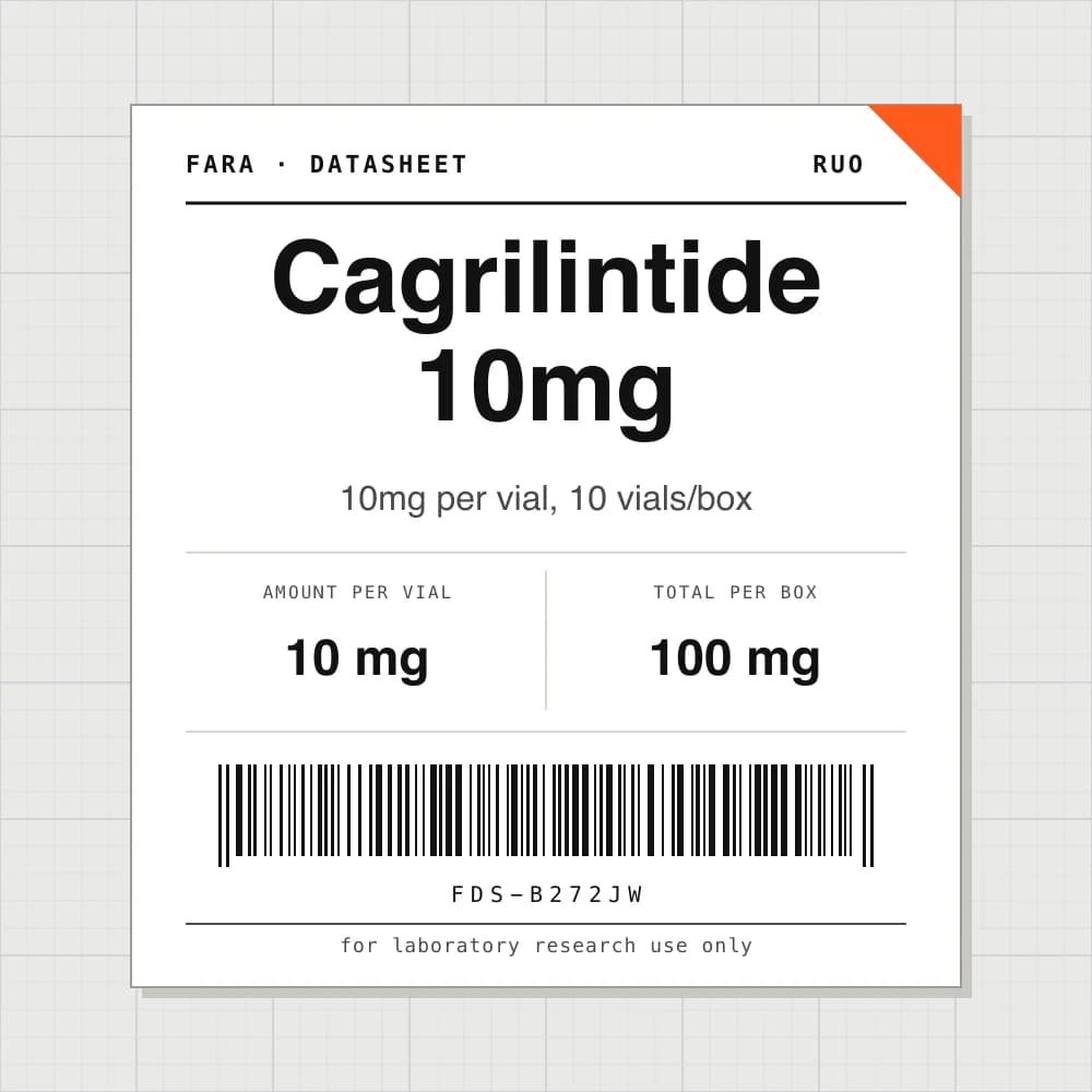 Datasheet card for Cagrilintide 10mg: 10 mg per vial, 10 vials per box