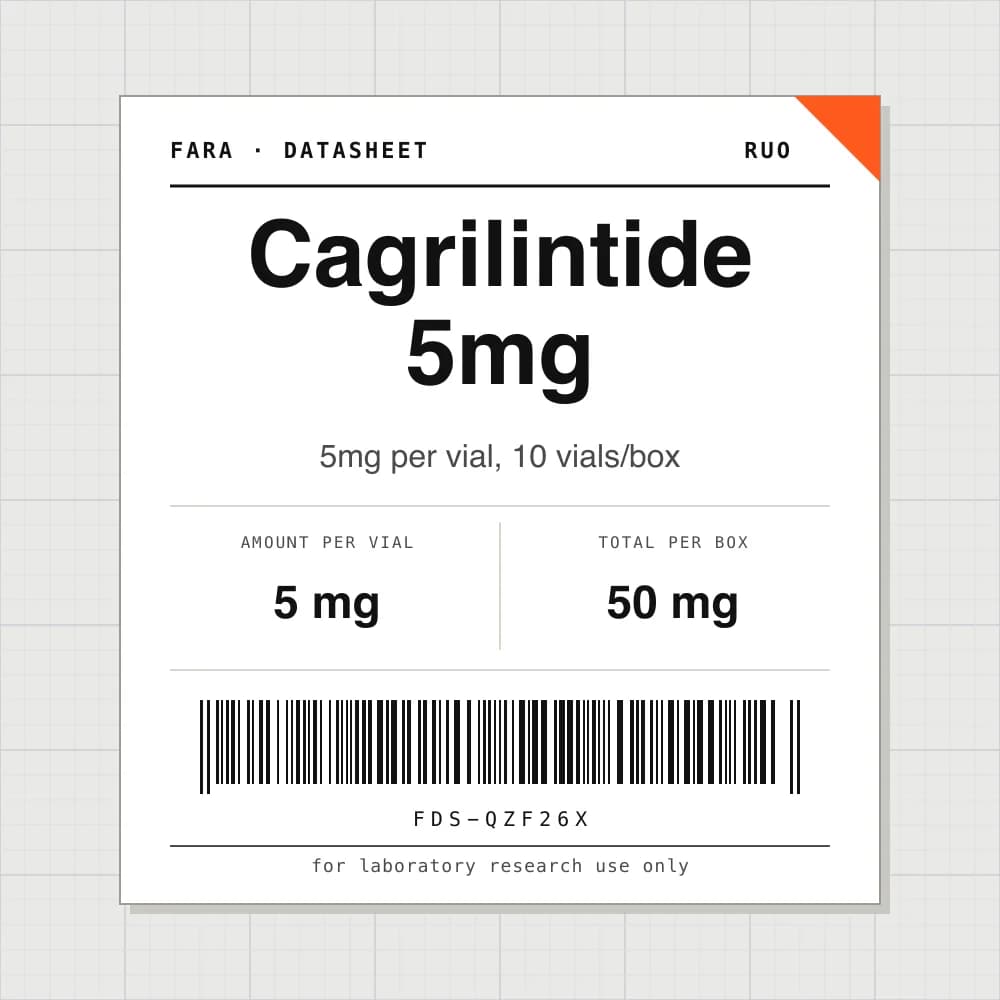Datasheet card for Cagrilintide 5mg: 5 mg per vial, 10 vials per box