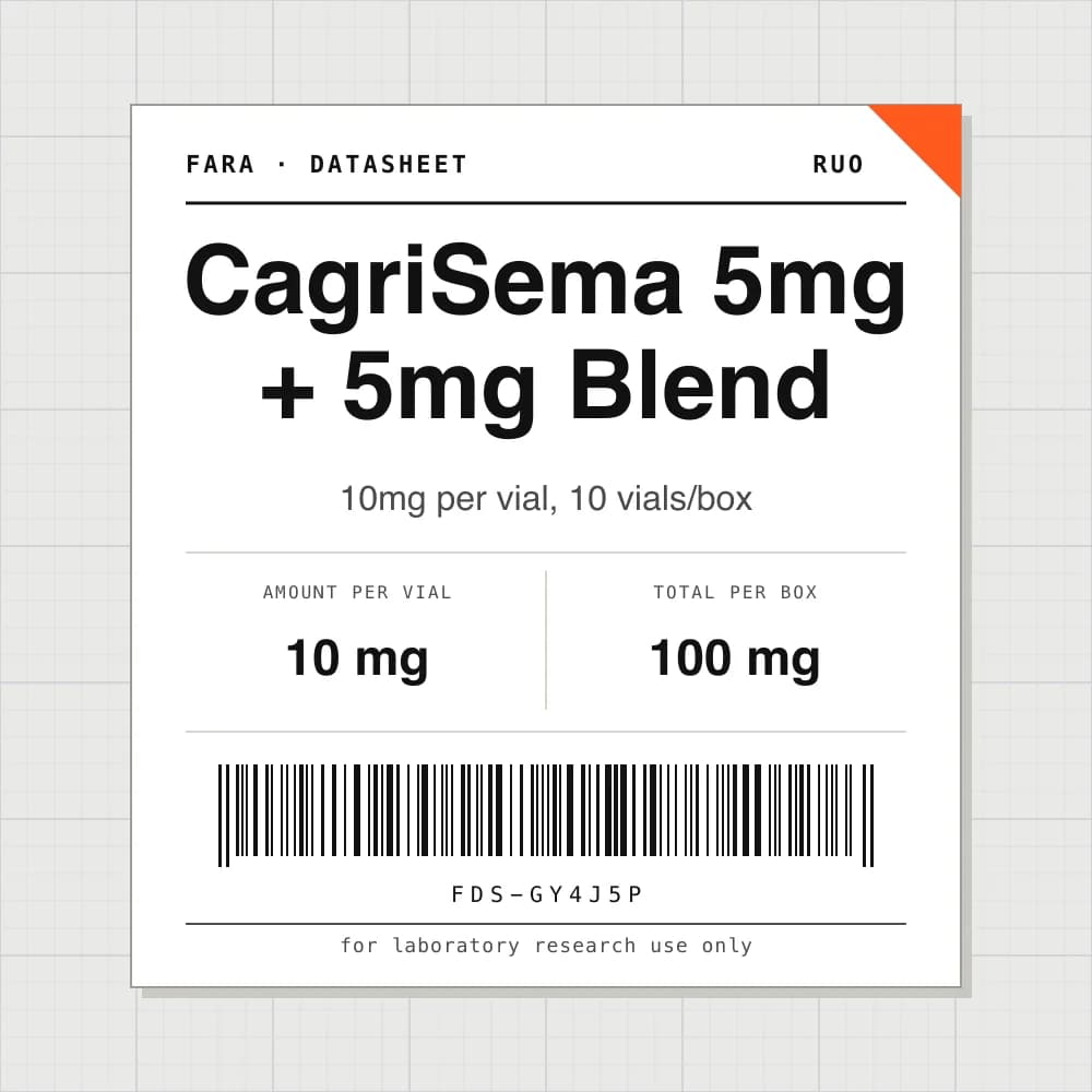 Datasheet card for CagriSema 5mg + 5mg Blend: 10 mg per vial, 10 vials per box