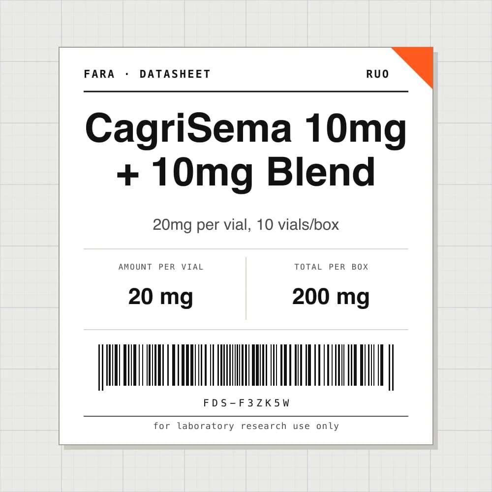 Datasheet card for CagriSema 10mg + 10mg Blend: 20 mg per vial, 10 vials per box