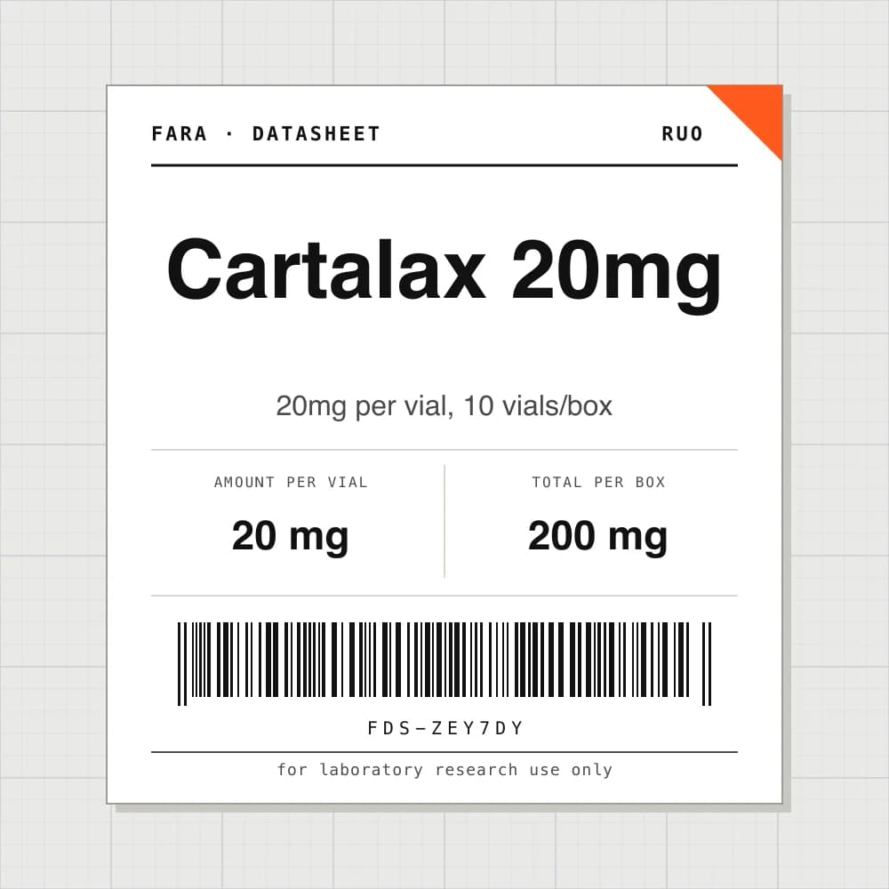 Datasheet card for Cartalax 20mg: 20 mg per vial, 10 vials per box