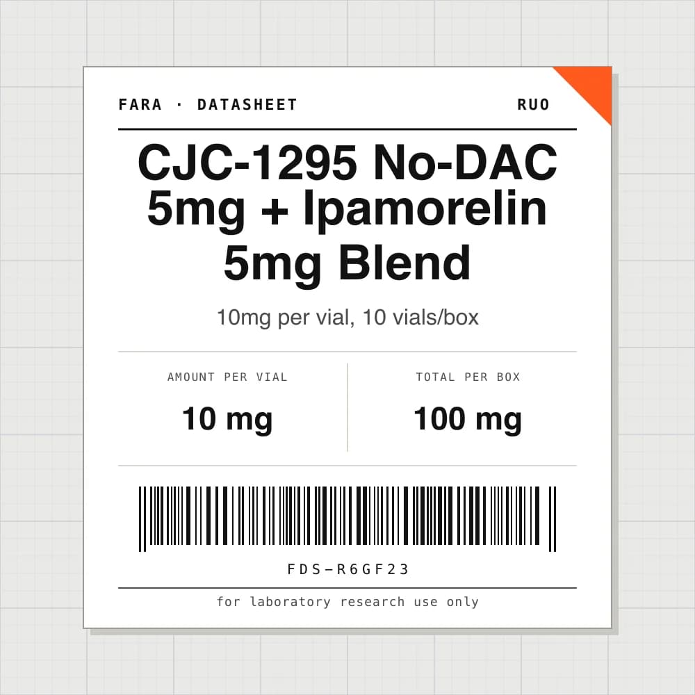 Datasheet card for CJC-1295 No-DAC 5mg + Ipamorelin 5mg Blend: 10 mg per vial, 10 vials per box
