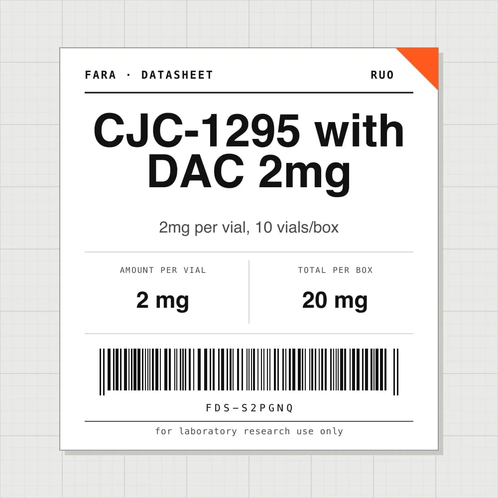 Datasheet card for CJC-1295 with DAC 2mg: 2 mg per vial, 10 vials per box