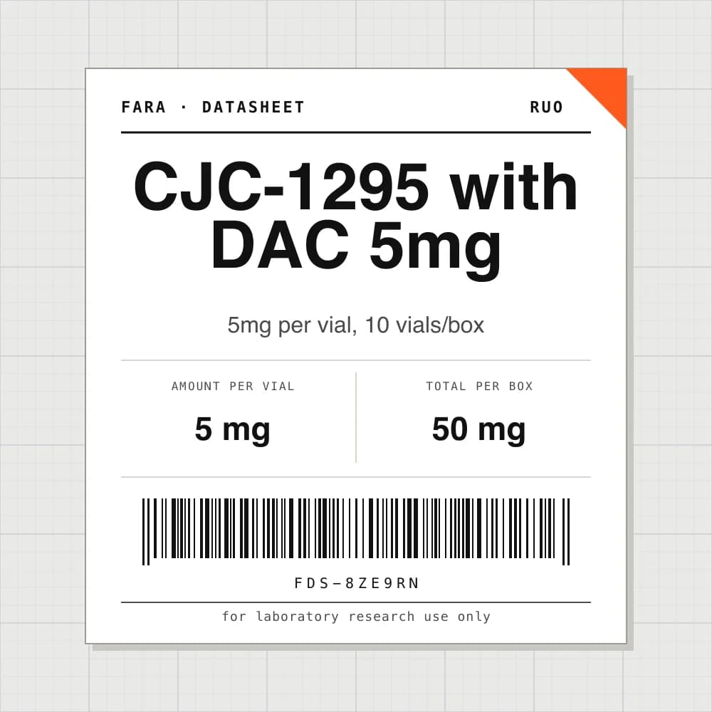 Datasheet card for CJC-1295 with DAC 5mg: 5 mg per vial, 10 vials per box