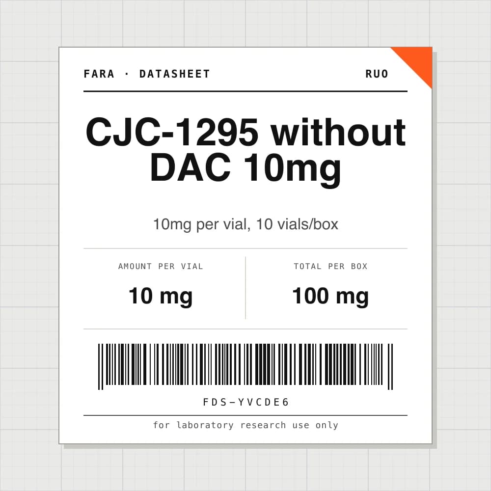 Datasheet card for CJC-1295 without DAC 10mg: 10 mg per vial, 10 vials per box