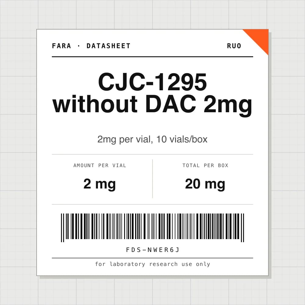 Datasheet card for CJC-1295 without DAC 2mg: 2 mg per vial, 10 vials per box