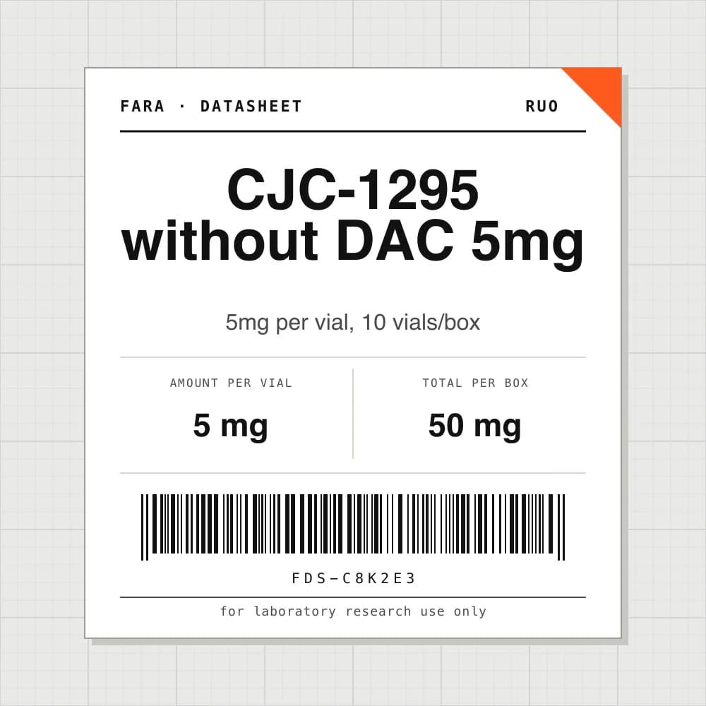Datasheet card for CJC-1295 without DAC 5mg: 5 mg per vial, 10 vials per box