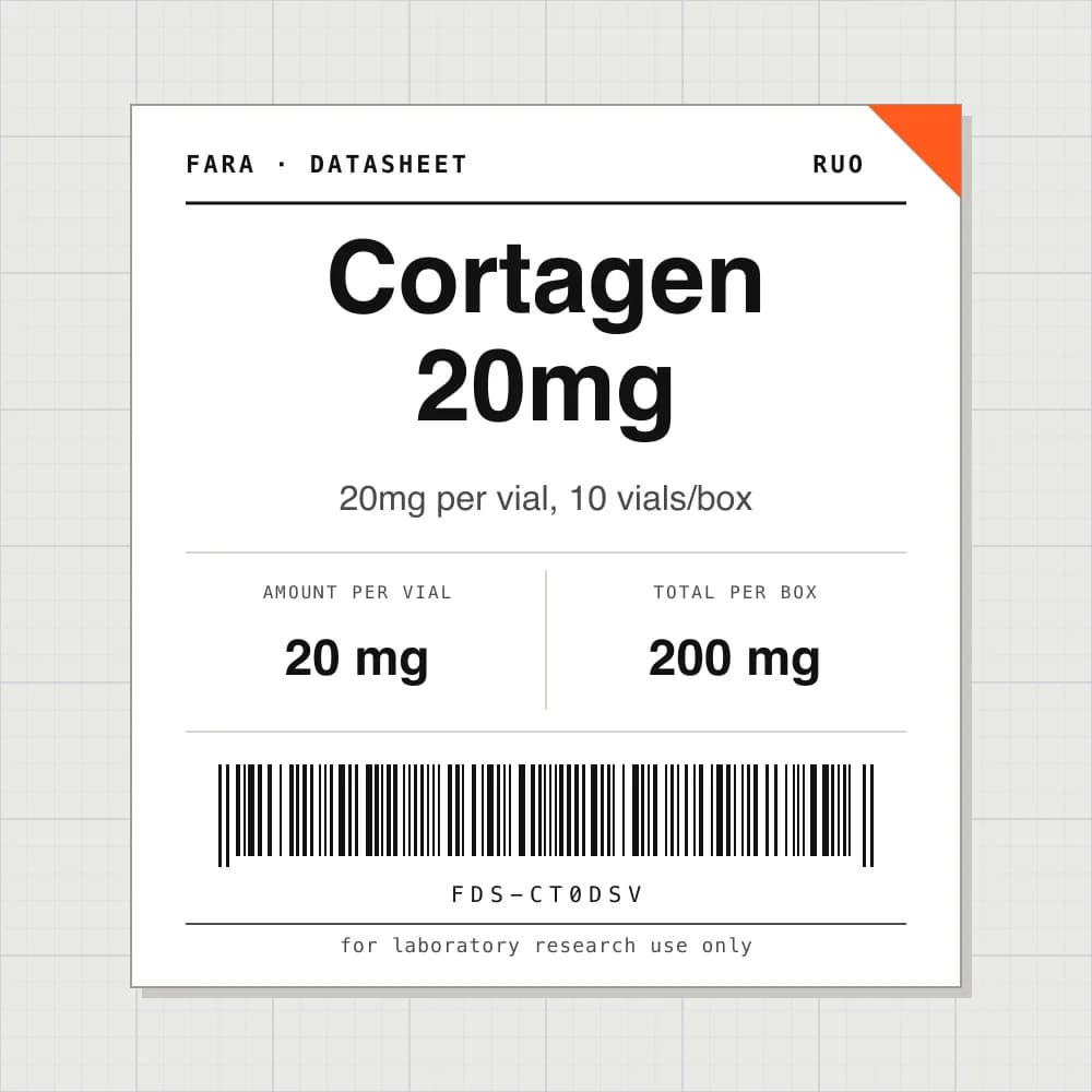 Datasheet card for Cortagen 20mg: 20 mg per vial, 10 vials per box
