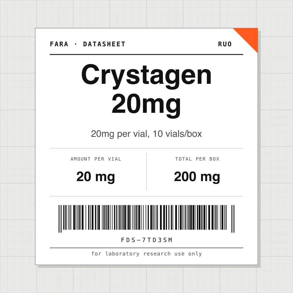 Datasheet card for Crystagen 20mg: 20 mg per vial, 10 vials per box