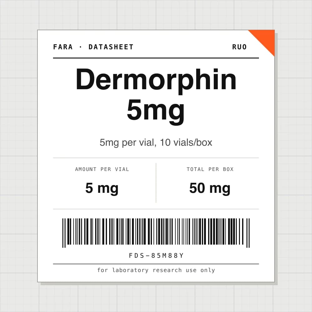 Datasheet card for Dermorphin 5mg: 5 mg per vial, 10 vials per box