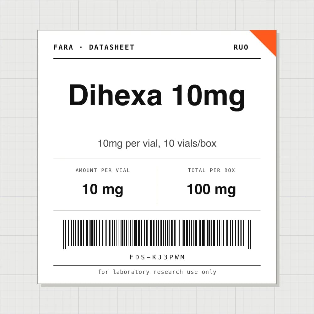 Datasheet card for Dihexa 10mg: 10 mg per vial, 10 vials per box
