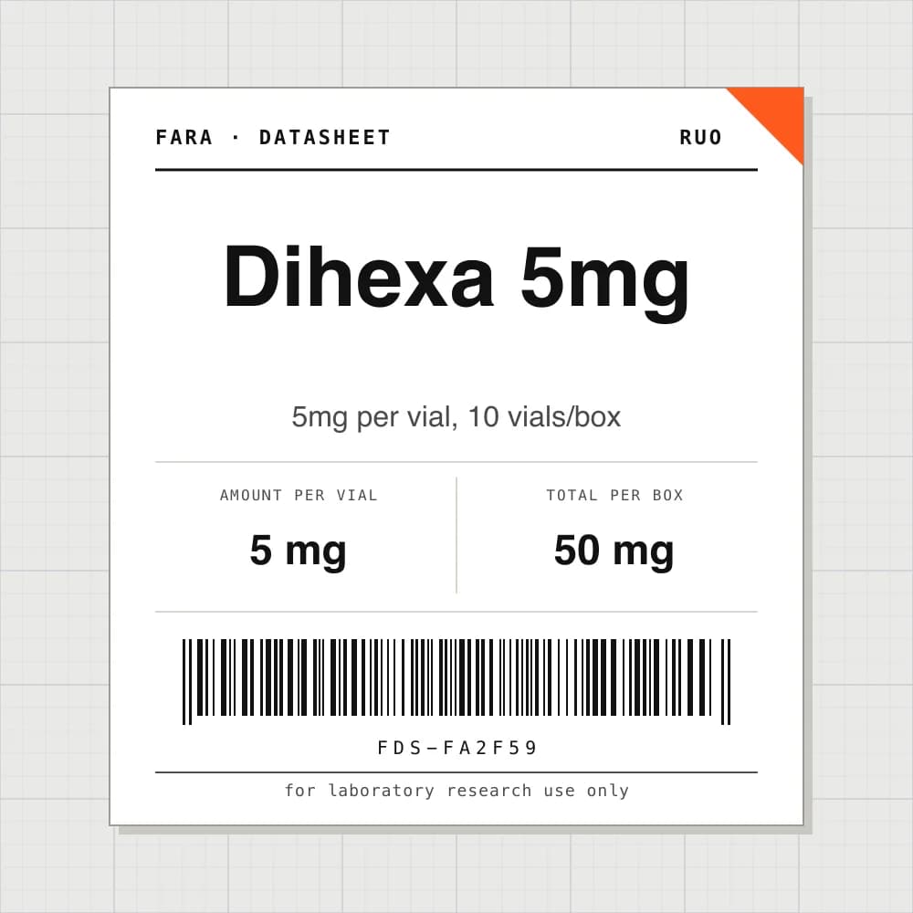Datasheet card for Dihexa 5mg: 5 mg per vial, 10 vials per box