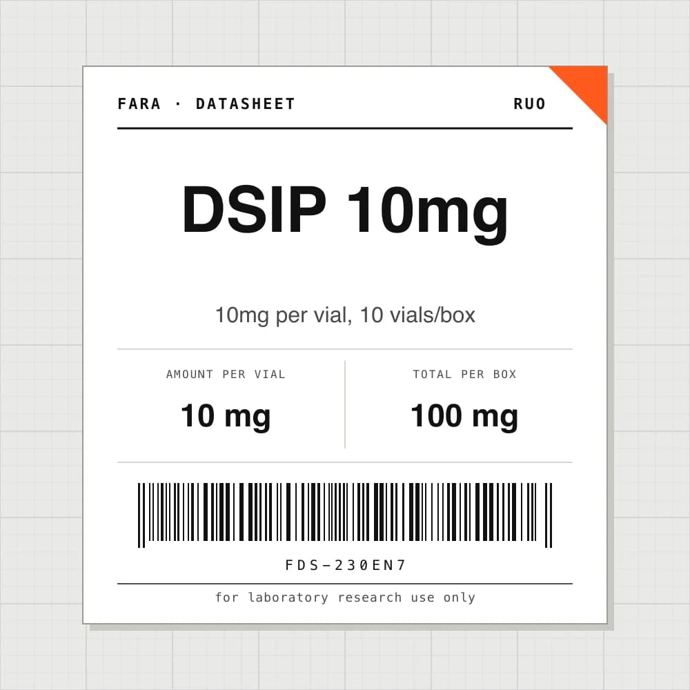 Datasheet card for DSIP 10mg: 10 mg per vial, 10 vials per box