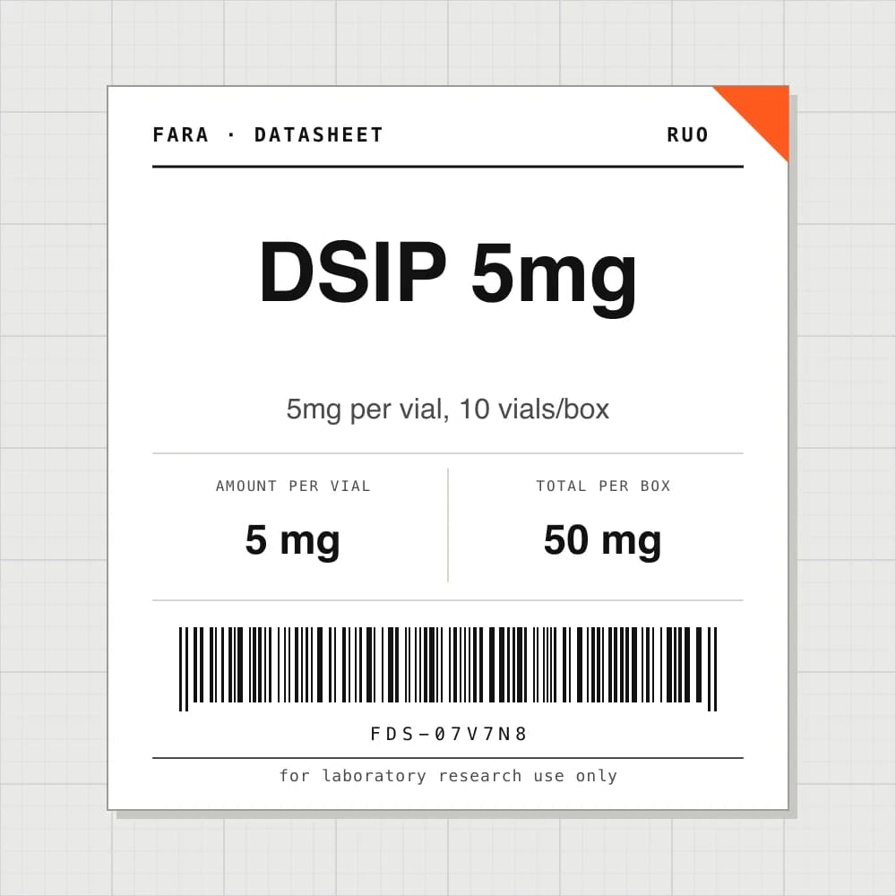 Datasheet card for DSIP 5mg: 5 mg per vial, 10 vials per box