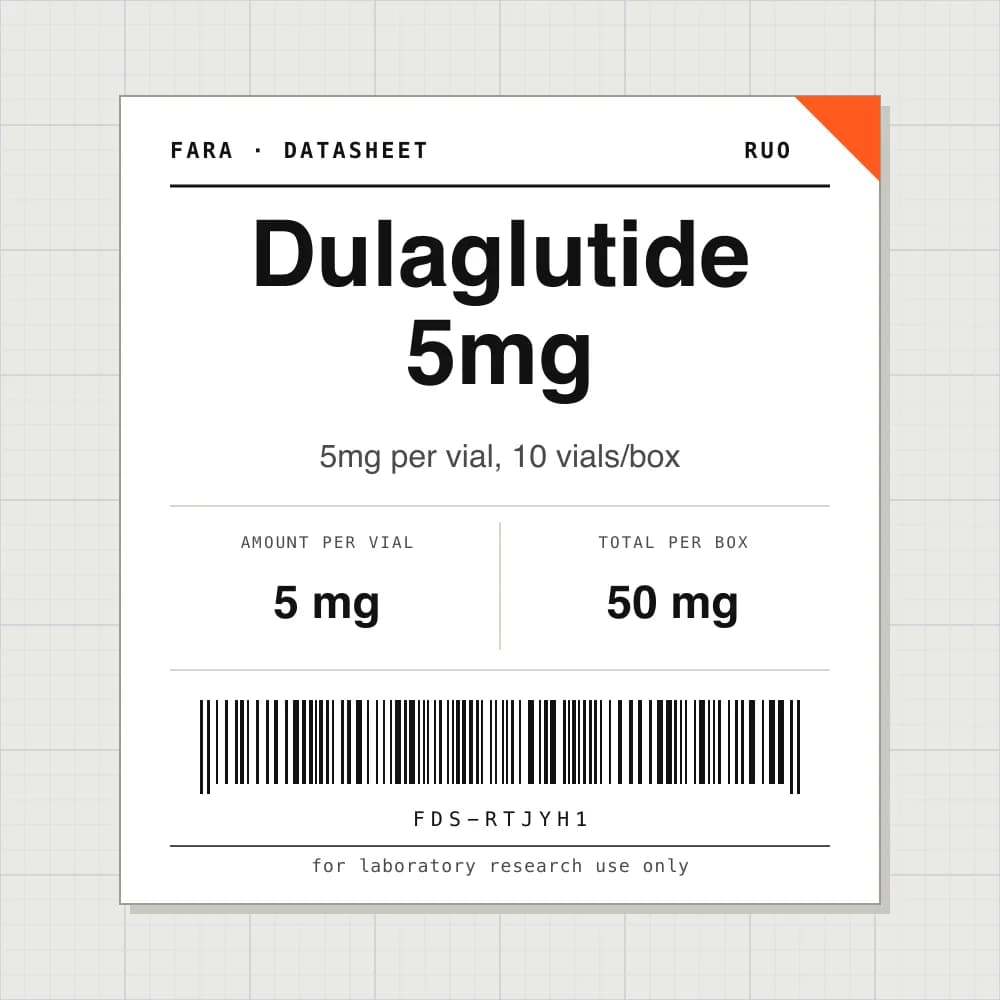 Datasheet card for Dulaglutide 5mg: 5 mg per vial, 10 vials per box