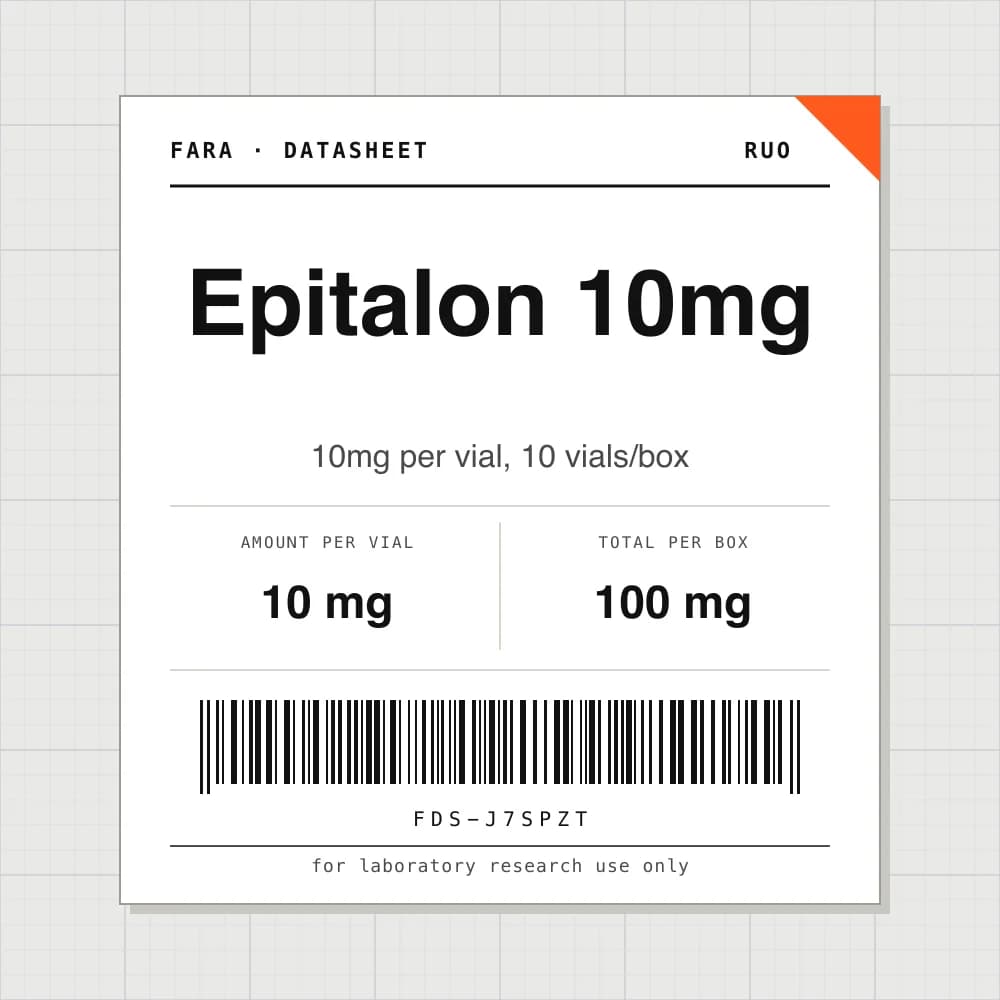 Datasheet card for Epitalon 10mg: 10 mg per vial, 10 vials per box