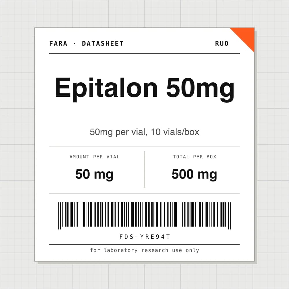 Datasheet card for Epitalon 50mg: 50 mg per vial, 10 vials per box