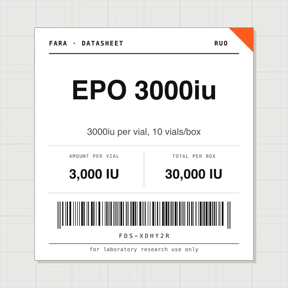 Datasheet card for EPO 3000iu: 3,000 IU per vial, 10 vials per box