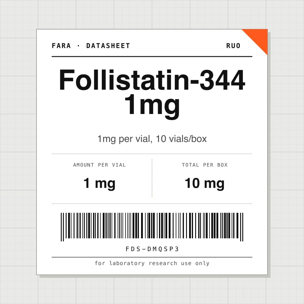 Datasheet card for Follistatin-344 1mg: 1 mg per vial, 10 vials per box