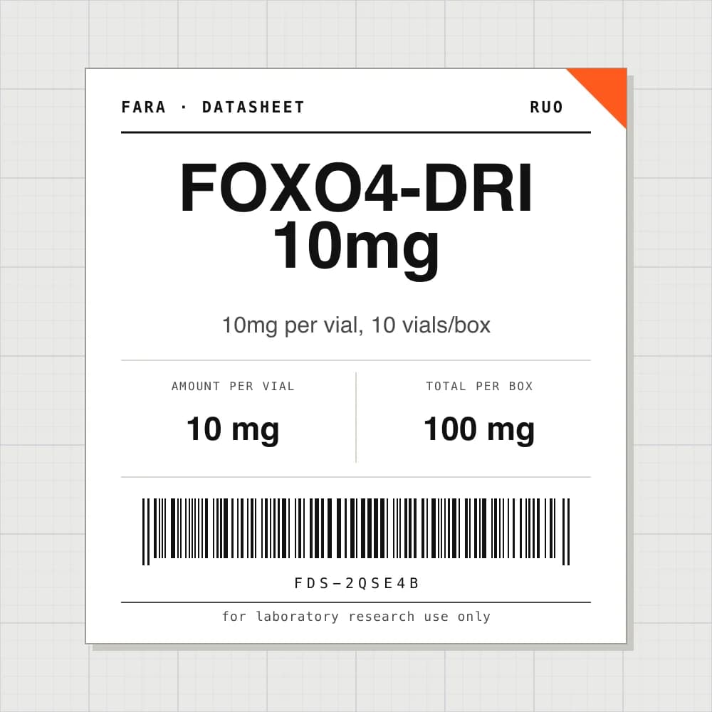 Datasheet card for FOXO4-DRI 10mg: 10 mg per vial, 10 vials per box
