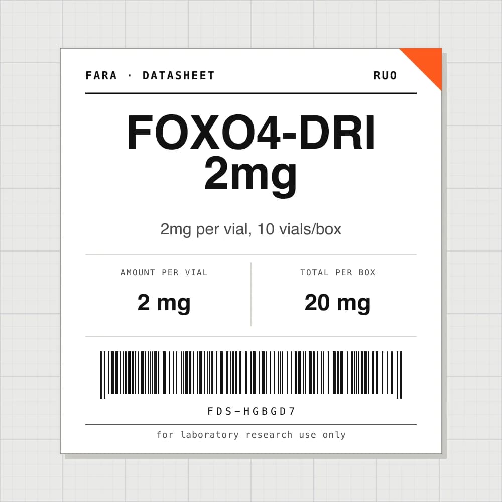 Datasheet card for FOXO4-DRI 2mg: 2 mg per vial, 10 vials per box