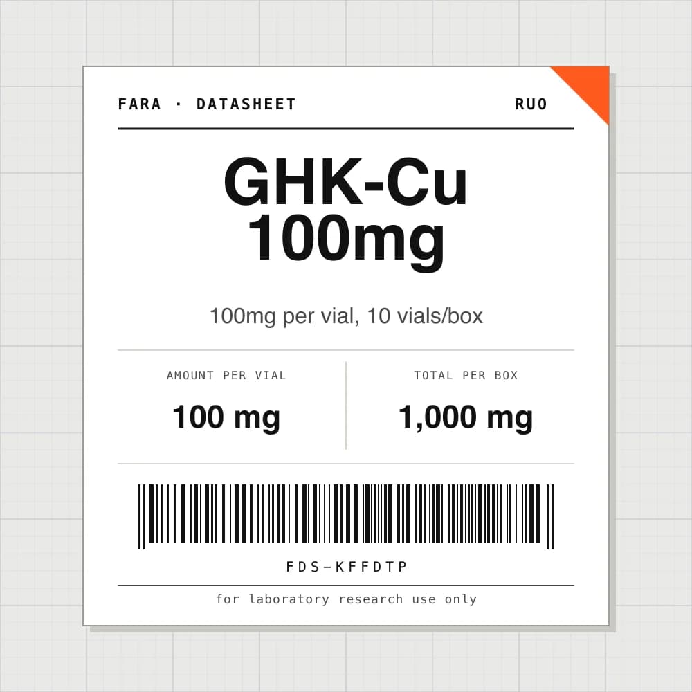 Datasheet card for GHK-Cu 100mg: 100 mg per vial, 10 vials per box