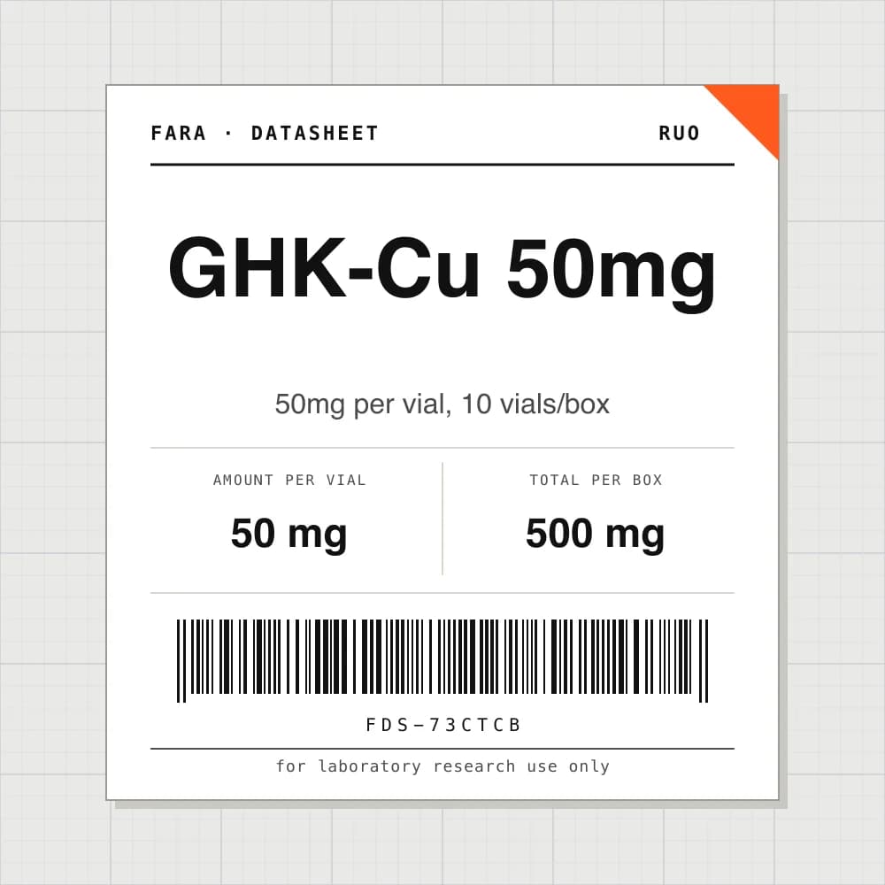 Datasheet card for GHK-Cu 50mg: 50 mg per vial, 10 vials per box