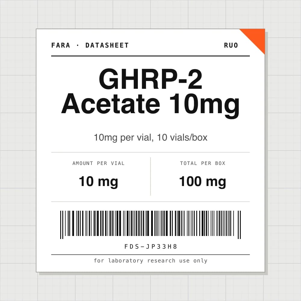 Datasheet card for GHRP-2 Acetate 10mg: 10 mg per vial, 10 vials per box