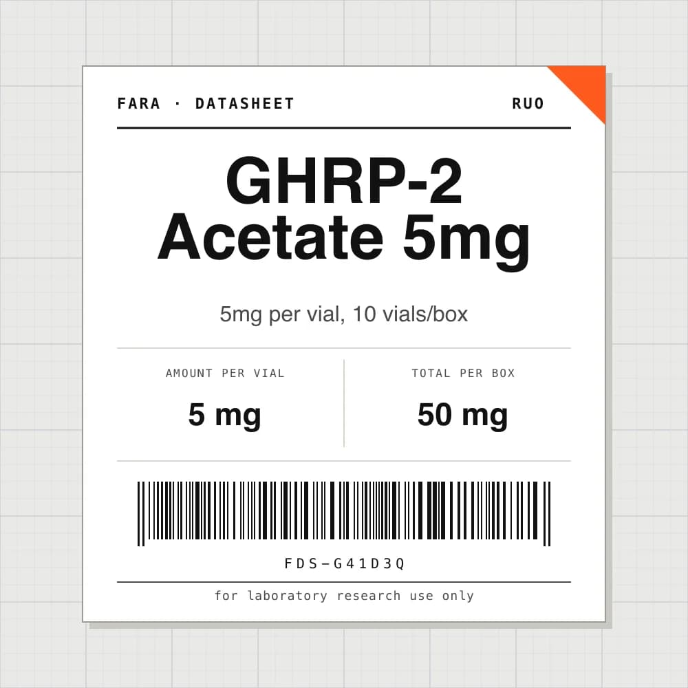 Datasheet card for GHRP-2 Acetate 5mg: 5 mg per vial, 10 vials per box