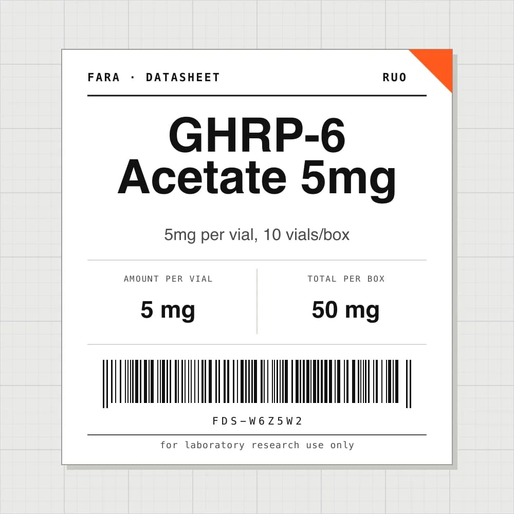 Datasheet card for GHRP-6 Acetate 5mg: 5 mg per vial, 10 vials per box